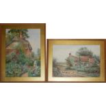 TWO VICTORIAN WATERCOLOURS, LANDSCAPES, THATCHED COTTAGE With figure and floral garden, signed lower