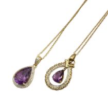 TWO VINTAGE 9CT GOLD, AMETHYST AND DIAMOND PENDANT NECKLACES Teardrop cut amethyst stones edged with