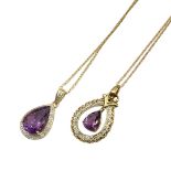 TWO VINTAGE 9CT GOLD, AMETHYST AND DIAMOND PENDANT NECKLACES Teardrop cut amethyst stones edged with