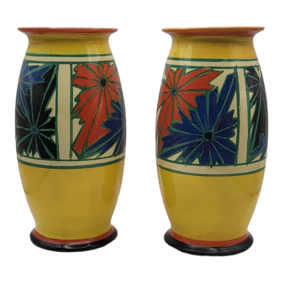 CLARICE CLIFF, FANTASQUE RANGE, A PAIR OF ART DECO BALUSTER VASES Umbrella pattern, Circa 1929, - Image 2 of 4