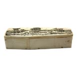 A 19TH CENTURY STYLE BONE SCRIMSHAW TRINKET BOX In shape of a coffin, with etched whaling scene to