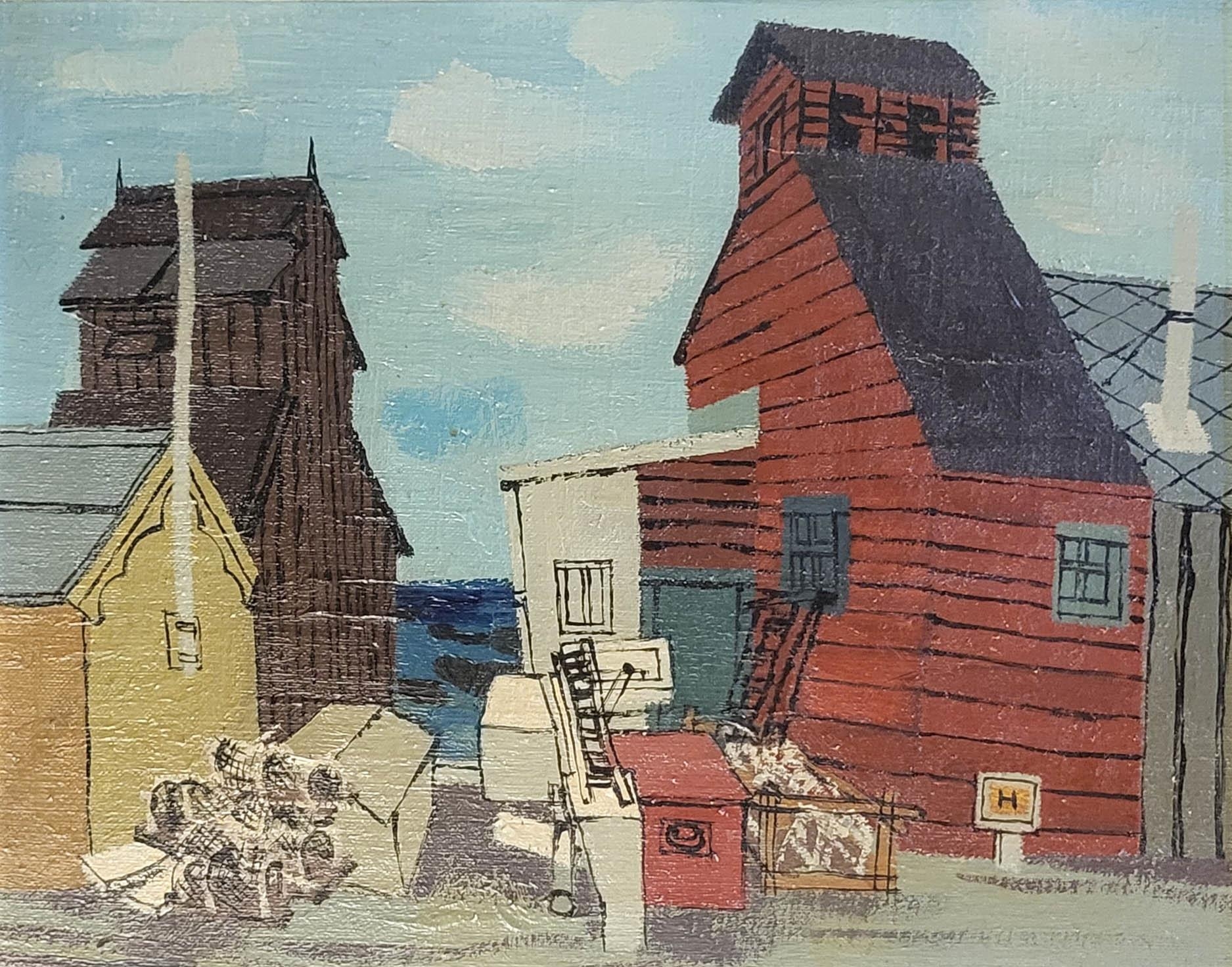 JACK FIRTH, SCOTTISH, 1917 - 2010, OIL ON ACRYLIC ON CANVAS BOARD Curing Sheds, Artists label verso, - Image 3 of 5