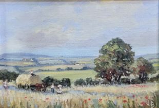 JEAN BELCHER, MID 20TH CENTURY ENGLISH SCHOOL HARVEST IN OXFORDSHIRE, OIL ON BOARD Monogrammed, gilt