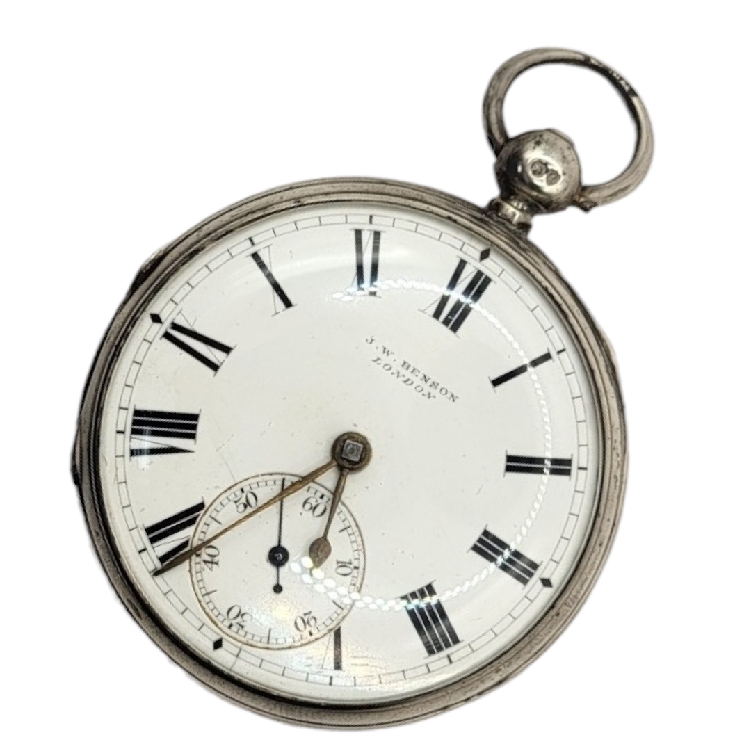 J.W. BENSON, VICTORIAN SILVER GENT’S POCKET WATCH Open face with mechanical key wound movement,