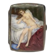 A 20TH CENTURY CONTINENTAL SILVER AND ENAMEL EROTIC CIGARETTE CASE Reclining female, bearing