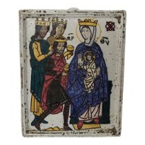 AN EARLY 20TH CENTURY CONTINENTAL ECCLESIASTICAL MEDIEVAL MANNER EARTHENWARE PANEL OF EPIPHANY