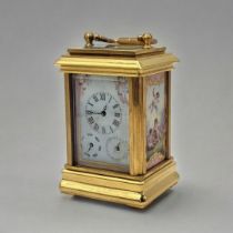 A SÈVRES STYLE FRENCH PORCELAIN AND POLISHED BRASS CARRIAGE CLOCK Multi-dial seven day mechanism,