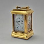 A SÈVRES STYLE FRENCH PORCELAIN AND POLISHED BRASS CARRIAGE CLOCK Multi-dial seven day mechanism,