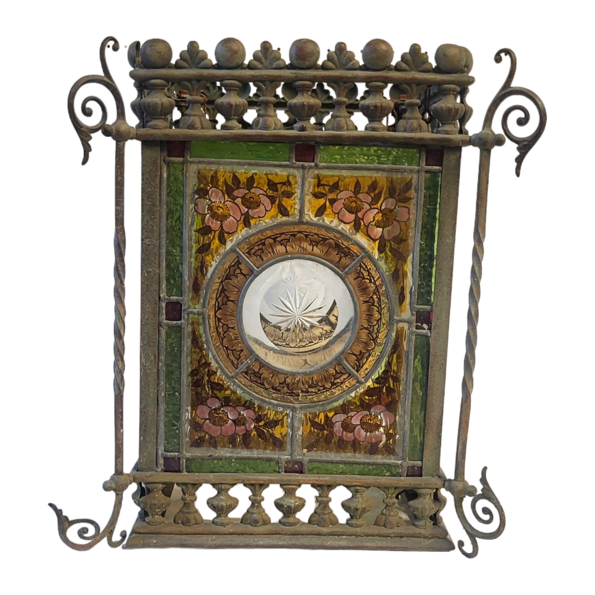 A VICTORIAN AESTHETIC MOVEMENT STAINED GLASS AND METAL LANTERN Four coloured glass panels within a - Image 3 of 4