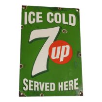 ICE COLD 7 UP SERVED HERE, A VINTAGE ENAMELLED ADVERTISING SIGN. (20cm x 30cm) Condition: chips to