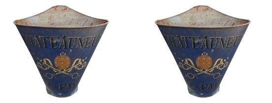 A COLLECTION OF FOUR TOLEWARE DECORATED STEEL GRAPE PICKERS HOPPER BUCKETS Labelled Châteauneuf-du-