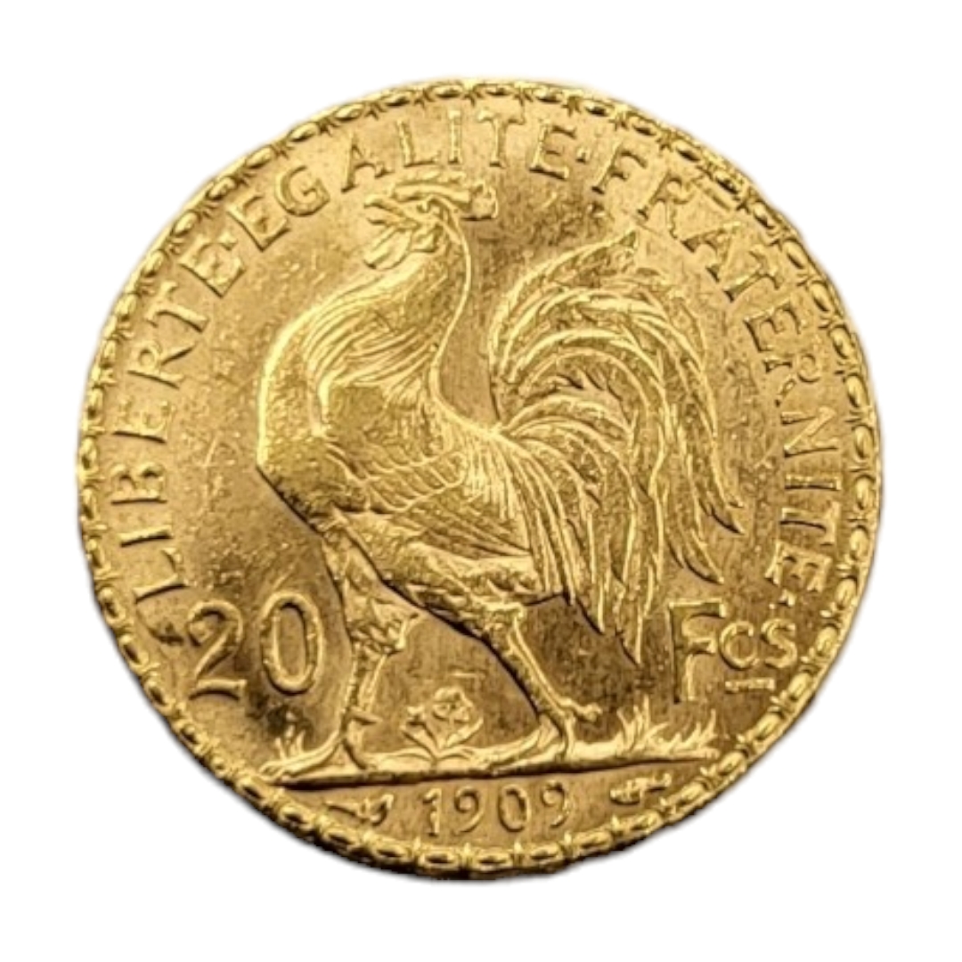 AN EARLY 20TH CENTURY FRENCH 22CT GOLD 20 FRANC COIN, DATED 1909 Bearing a bust of Marianne - Image 2 of 2