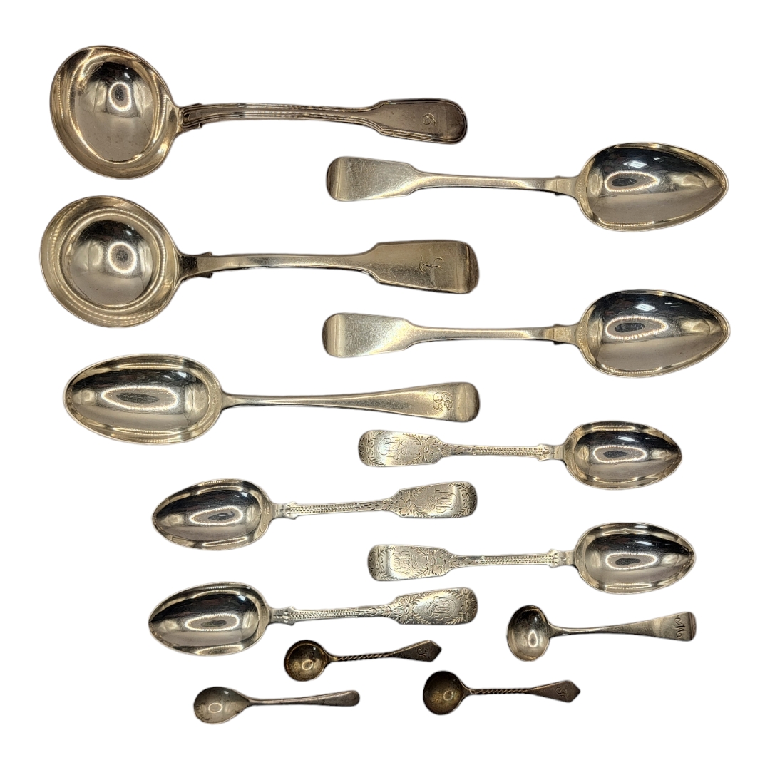 A COLLECTION OF VICTORIAN AND LATER SILVER FLATWARE To include two sauce ladle and a set of four