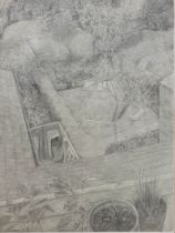 LARGE GRAPHITE DRAWING, GARDEN SCENE Indistinctly signed, dated 1982, framed. (82.5cm x 102cm)