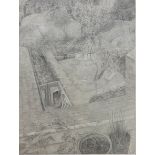 LARGE GRAPHITE DRAWING, GARDEN SCENE Indistinctly signed, dated 1982, framed. (82.5cm x 102cm)