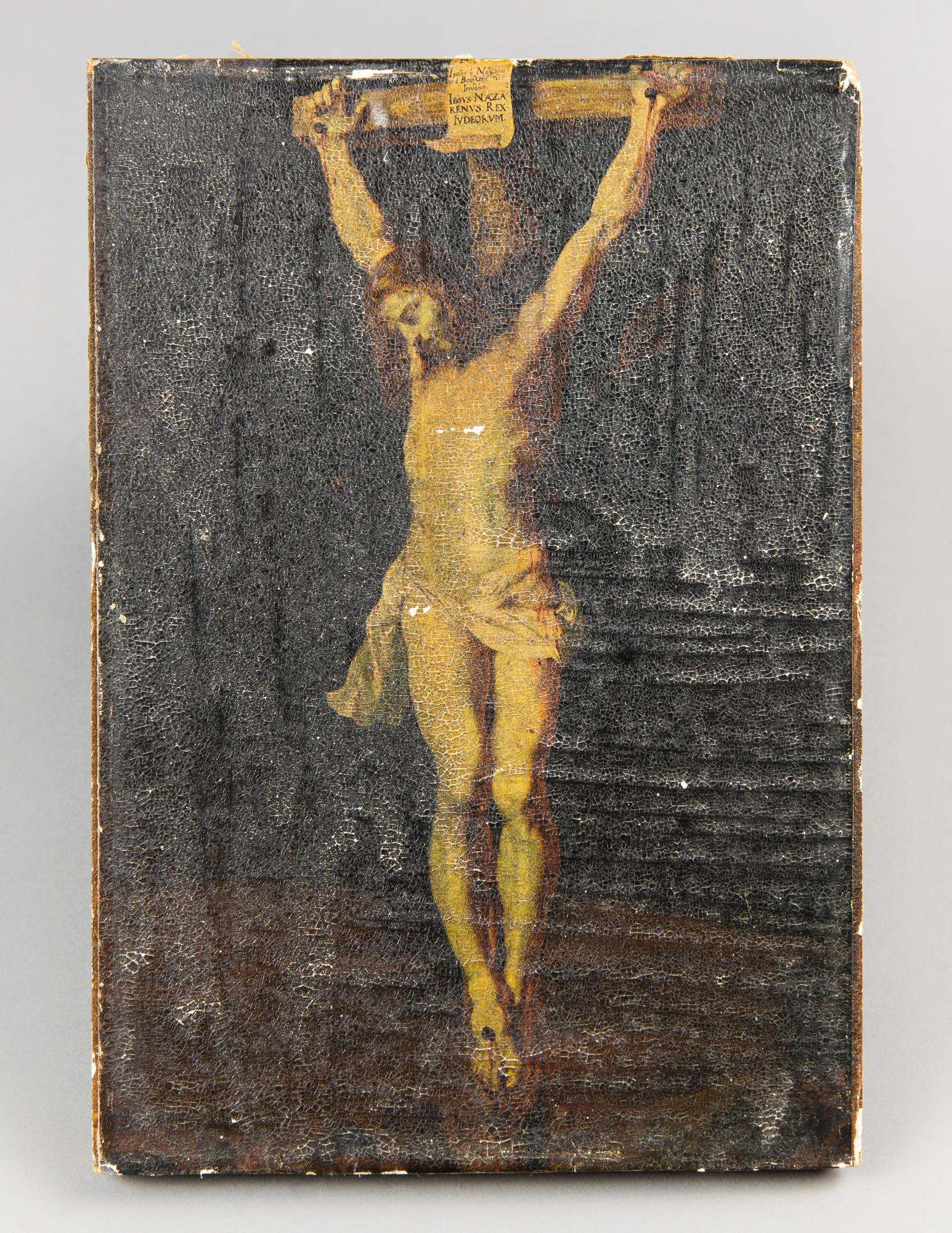 CHRIST ON THE CROSS, 18TH/19TH CENTURY OIL ON BOARD. (h 24cm x w 16.8cm) - Image 2 of 2