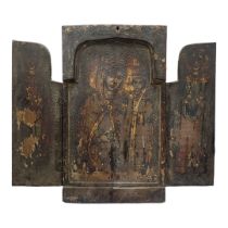 A 19TH CENTURY CONTINENTAL WOODEN TRIPTYCH ICON Hand painted with religious figures. (approx 34cm
