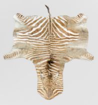 A LATE 20TH CENTURY TAXIDERMY BURCHELL'S ZEBRA SKIN RUG (EQUUS QUAGGA BURCHELLII). (250cm x 160cm)