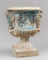 A RARE AND UNUSUAL 19TH CONTINENTAL NEOCLASSICAL STYLE PAINTED TERRACOTTA URN. (h 23cm)