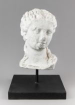 A LARGE ANCIENT STYLE FEMALE FIGURE HEAD, ITALY. Mounted to a custom display stand. 20th Century.