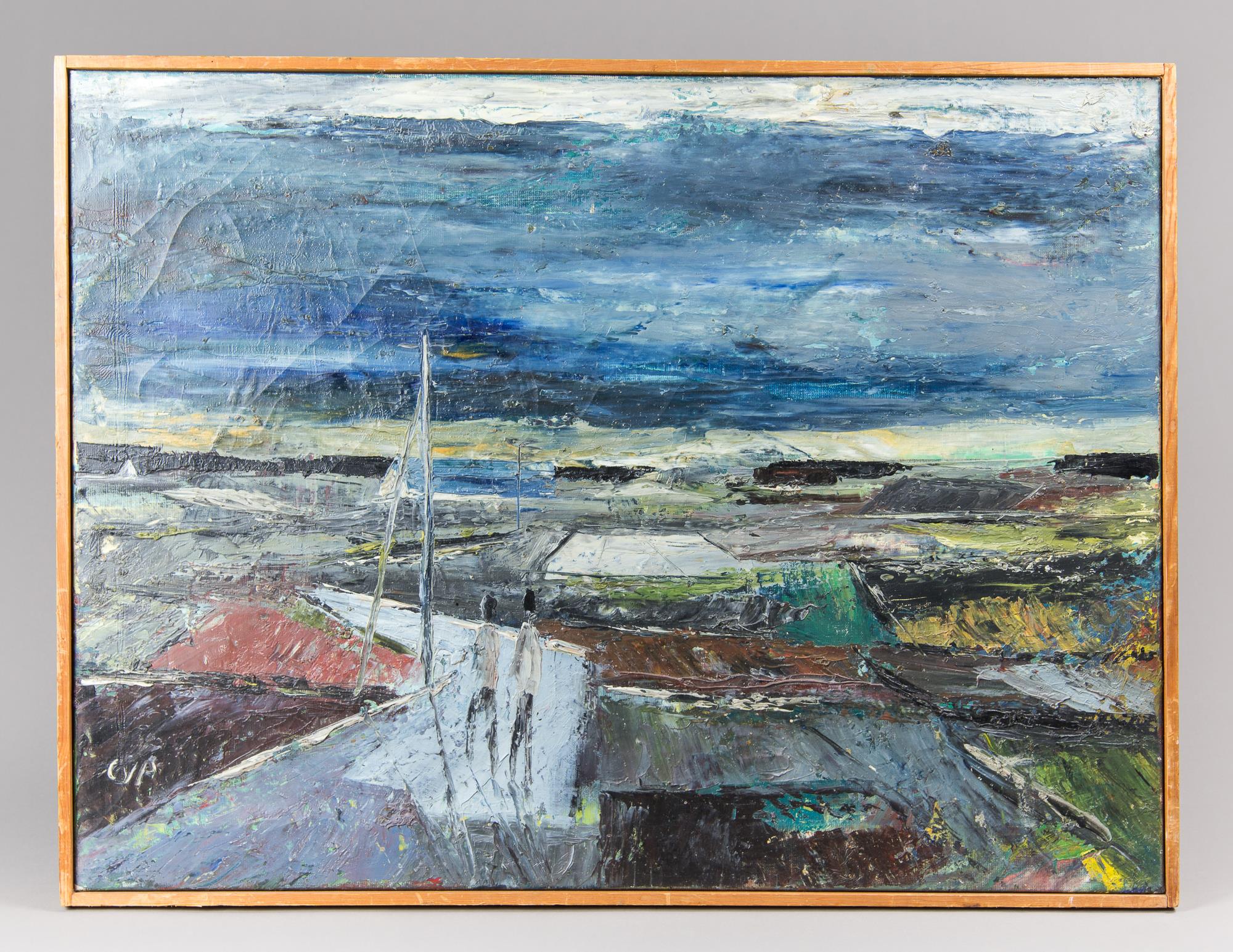 A MID-20TH CENTURY LANDSCAPE OIL ON CANVAS, C1950. With wooden frame. Signed lower left. (h 53cm x w