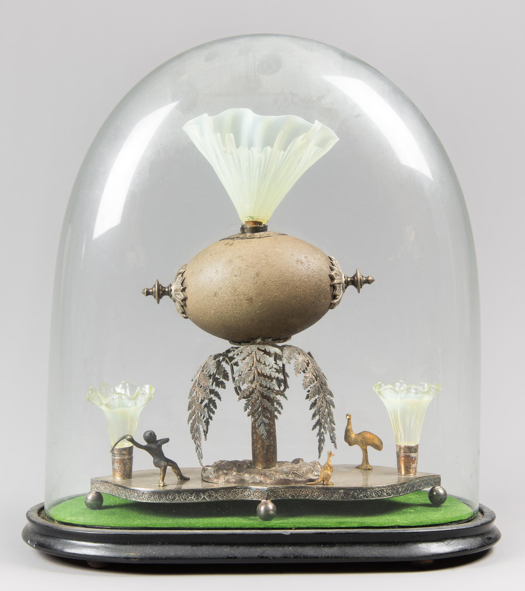 AN IMPRESSIVE 19TH CENTURY AUSTRALIAN SILVER MOUNTED EMU EGG CENTREPIECE DIORAMA UNDER GLASS