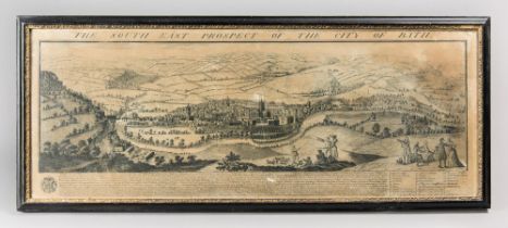 AN 18TH CENTURY FRAMED ENGRAVING OF 'THE SOUTH EAST PROSPECT OF THE CITY OF BATH'. (83cm x 32cm)