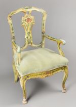 AN 18TH/19TH CENTURY VENETIAN ARMCHAIR. Polychrome painted with floral bouquets and garlands.