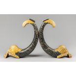 A PAIR OF LATE 19TH/EARLY 20TH CENTURY EMPIRE STYLE CARVED WOOD DOLPHIN ARCHITECTURAL FRAGMENTS,