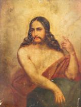 AN 18TH/19TH CENTURY PORTRAIT OF JESUS CHRIST, OIL ON CANVAS. (h 31.5cm x w 24cm)
