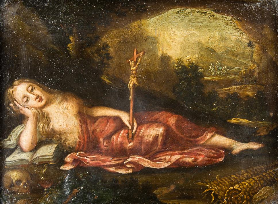 DUTCH SCHOOL, 17TH CENTURY RECUMBENT MARY MAGDALENE OIL ON COPPER. Picture (17cm x 22cm). Frame (h