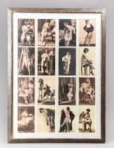 A PRINT OF FRENCH EROTIC POSTCARDS. Mounted and framed under glass. (h 78cm x w 57cm)