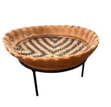 A SOUTH AMERICAN BANIVA GUAINIA RIVER STRAW BOWL ON STAND Geometric pattern on metal stand. (