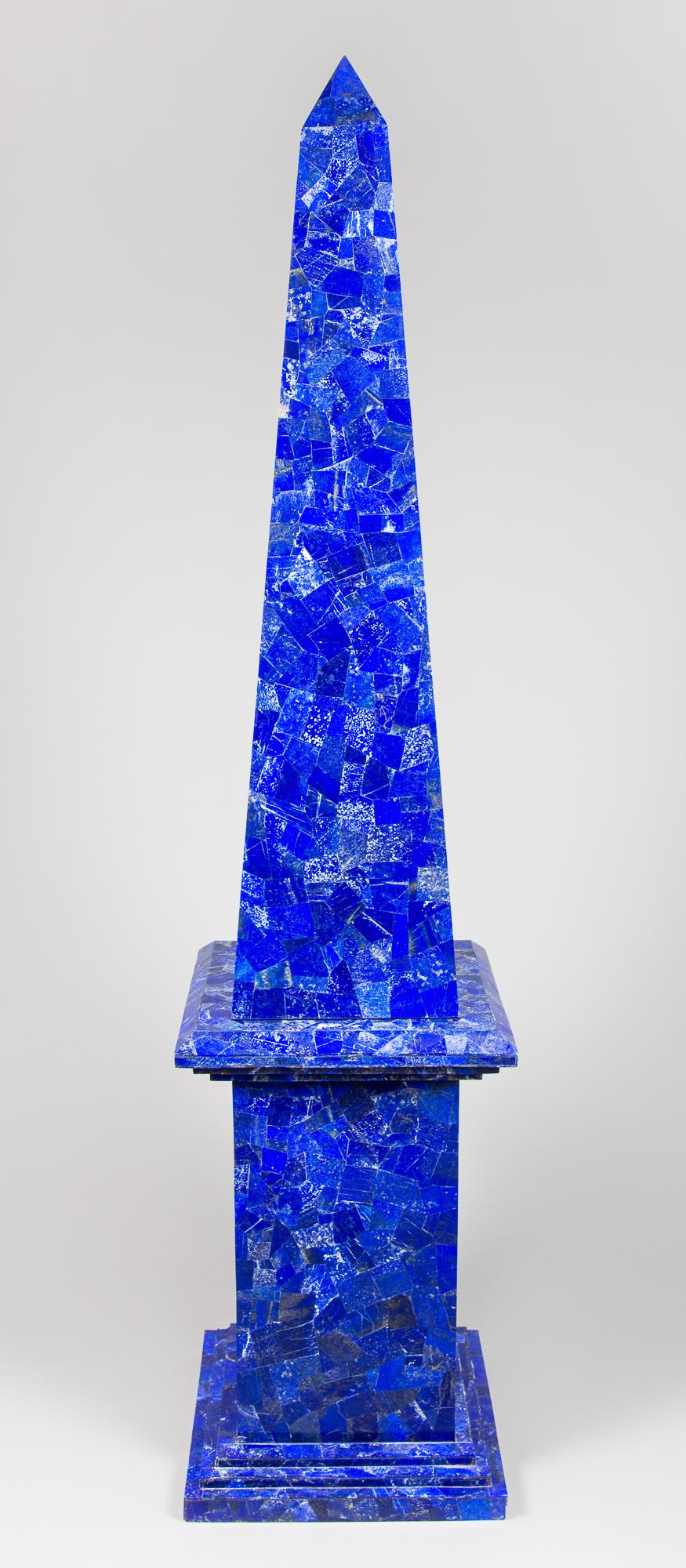 A GIGANTIC LAPIS LAZULI VENEERED OBELISK (h 196cm x w 44cm x d 44cm)