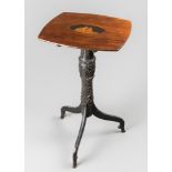 AN UNUSUAL ANTIQUE MAHOGANY SIDE TABLE, WITH INLAID TOP MARRIED TO AN EARLIER CARVED TRIPOD BASE. (h
