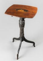 AN UNUSUAL ANTIQUE MAHOGANY SIDE TABLE, WITH INLAID TOP MARRIED TO AN EARLIER CARVED TRIPOD BASE. (h