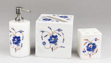 A LAPIS LAZULI ON WHITE MARBLE TISSUE BOX COVER, SOAP DISPENSER, & TOOTHBRUSH HOLDER. Tissue box (