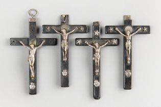 A COLLECTION OF ANTIQUE FRENCH CRUCIFIX PENDANTS. (the largest 9.5cm)
