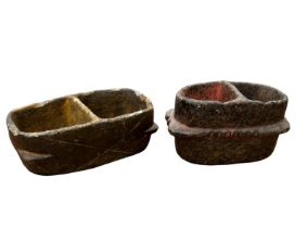 TWO SOUTH AMERICAN CARVED HARDSTONE VESSELS Rectangular form with two dug out wells. Condition: some