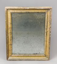 A 19TH CENTURY GILT WALL MIRROR WITH HEAVILY FOXED ORIGINAL MERCURY PLATE. (h 44cm x w 35.5cm)