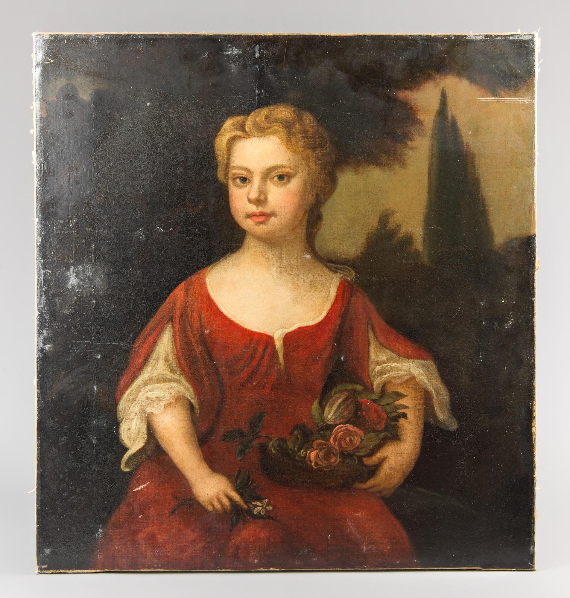 AN 18TH CENTURY PORTRAIT OF A YOUNG IRISH LADY IN A RED DRESS, OIL ON CANVAS. (h 72cm x w 66cm x d - Image 2 of 2