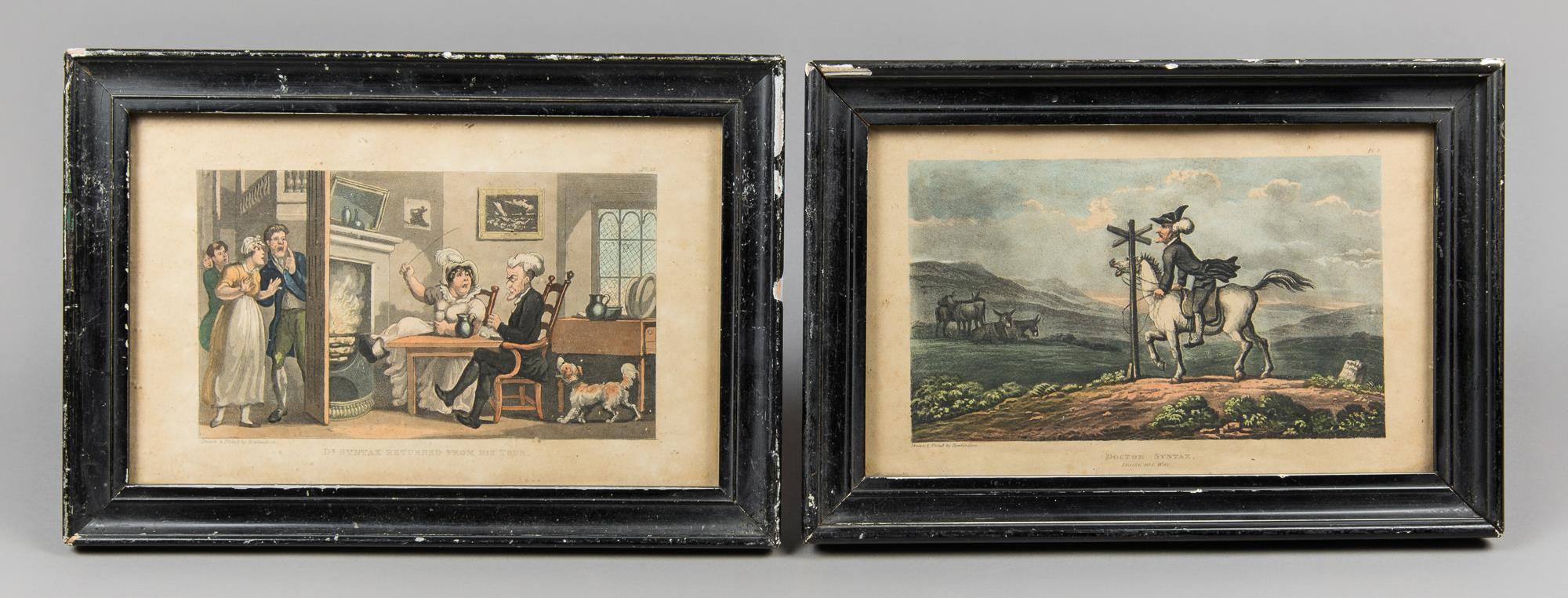 THOMAS ROWLANDSON, TWO 19TH CENTURY COLOURED ETCHINGS, FRAMED AND GLAZED. (h 20cm x w 29cm) ‘