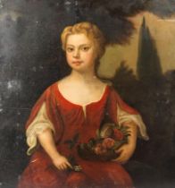 AN 18TH CENTURY PORTRAIT OF A YOUNG IRISH LADY IN A RED DRESS, OIL ON CANVAS. (h 72cm x w 66cm x d