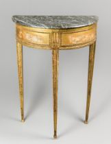A 19TH CENTURY GILT WOOD AND MARBLE DEMI LUNE CONSOLE TABLE. (h 89cm x w 62cm x d 33cm)