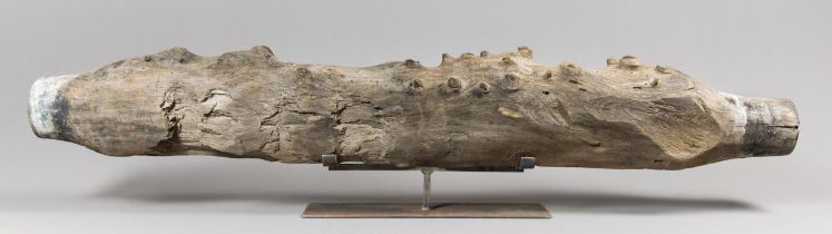A LARGE UNUSUAL ARCHITECTURAL SALVAGE HOLLOWED TREE TRUNK SPECIMEN UPON A CUSTOM METAL STAND. (w
