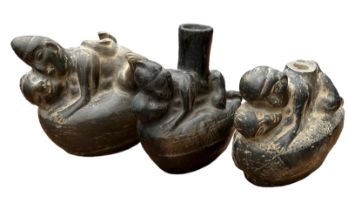 A COLLECTION OF THREE SOUTH AMERICAN BLACKWARE POTTERY EROTIC VESSELS Moulded with courting