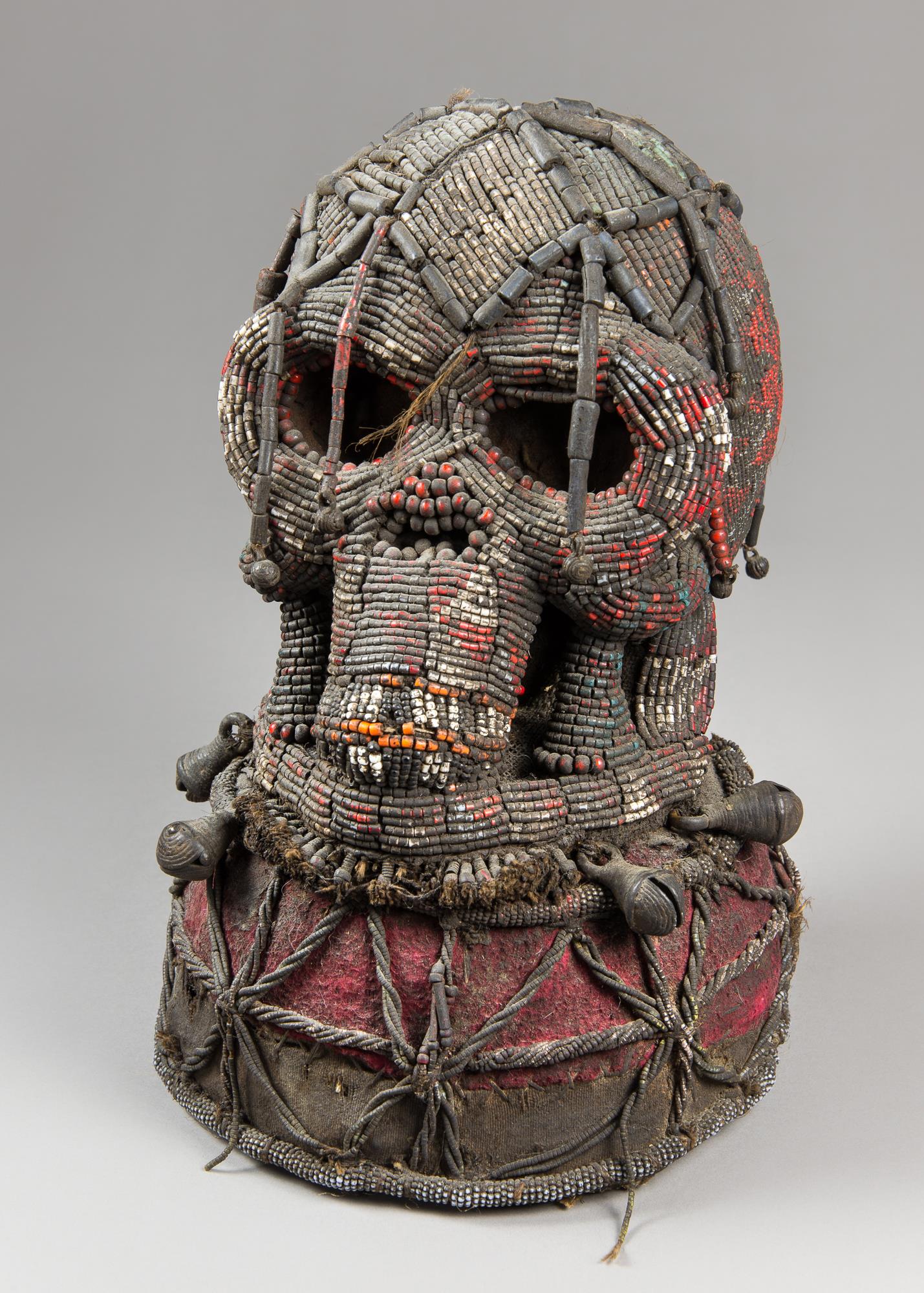 A LARGE TRIBAL BEADED CEREMONIAL CROWN OR ALTAR HEADDRESS, BAMILEKE PEOPLE, CAMEROON, WEST AFRICA.