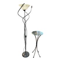 AN ART DECO STYLE IRON UP LIGHTER With frosted glass shade along with a similar side table. (tallest