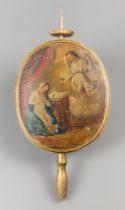 AN ANTIQUE DECORATIVE PANEL WITH PAINTED RELIGIOUS ANGEL SCENE. Probably a marriage of a pole screen