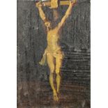 CHRIST ON THE CROSS, 18TH/19TH CENTURY OIL ON BOARD. (h 24cm x w 16.8cm)